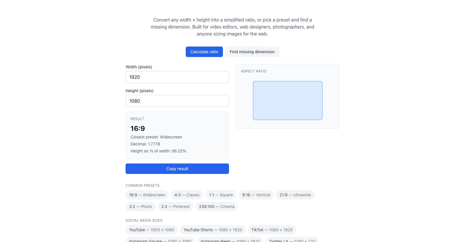 Aspect ratio calculator UI showing both modes side by side