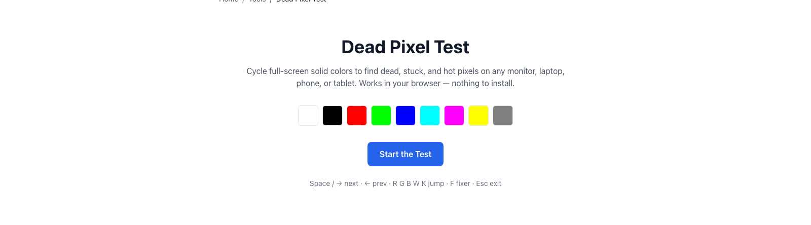 Dead Pixel Test control panel with the color sequence and start button